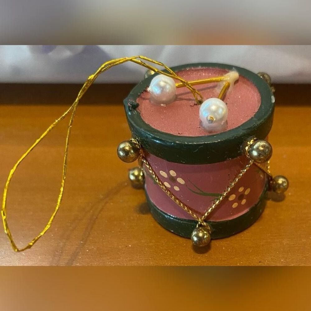 Vintage Pink Wood Drum Bauble Small Hanging Christmas Ornament Music Decor 1.5"